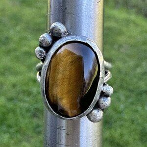VTG Artisan JM Signed Accent Ring Size 4.5 Brown Tiger Eye Quartz 925 Sterling